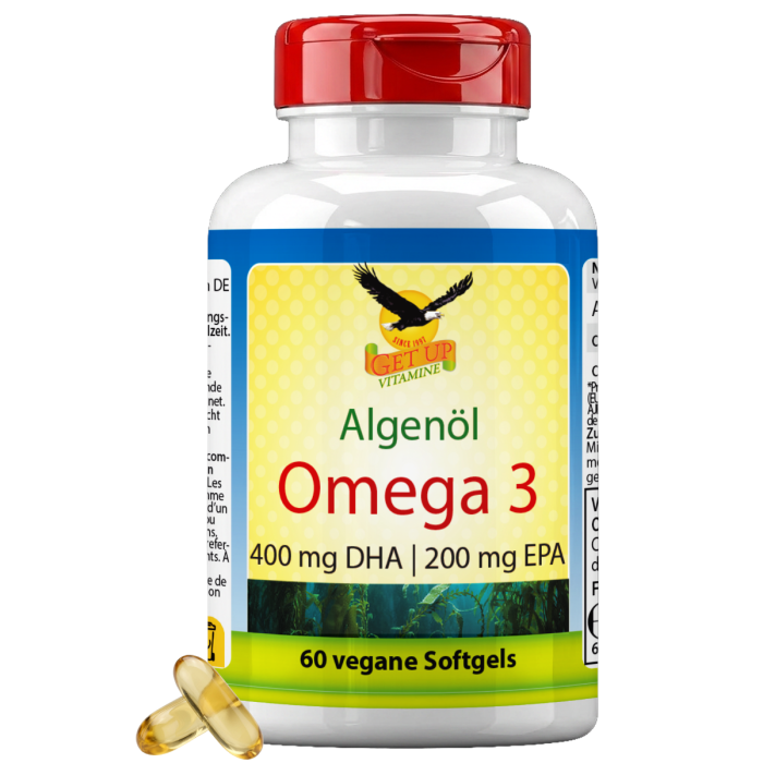 Veganes Omega-3 Algenöl 1000 mg, 60 Weichkapseln in Flasche; Nahrungsergänzungsmittel mit DHA und EPA aus Algen, vegane Formel, Produktverpackung vorne sichtbar