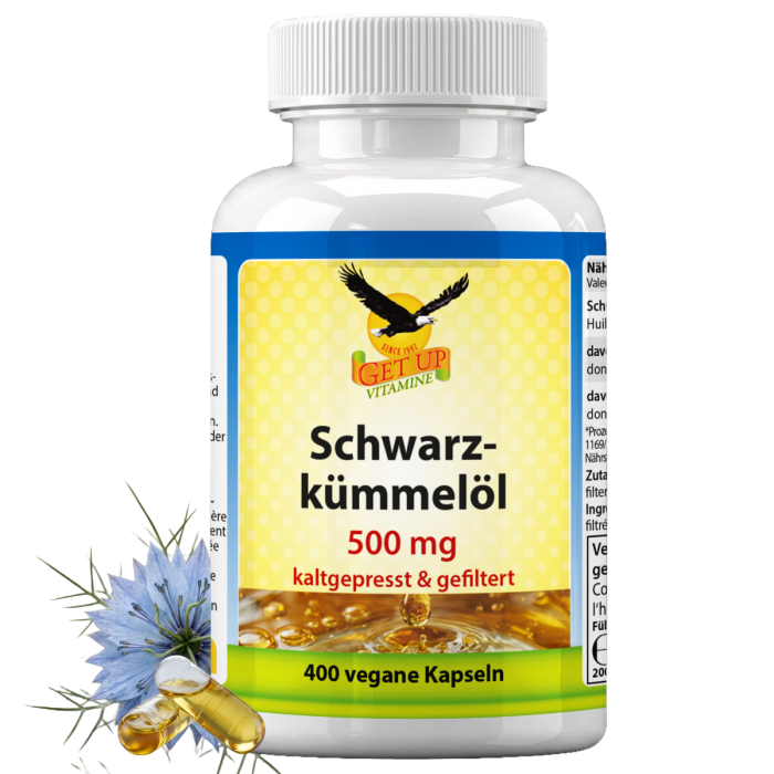 Get UP Schwarzkümmelöl, schonend kaltgepresst, 500 mg, 400 vegane Kapseln, Nahrungsergänzung mit hochwertigem Nigella-sativa-Öl, große Vorratspackung, geeignet für Veganer