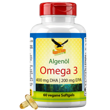 Veganes Omega-3 Algenöl 1000 mg, 60 Weichkapseln in Flasche; Nahrungsergänzungsmittel mit DHA und EPA aus Algen, vegane Formel, Produktverpackung vorne sichtbar