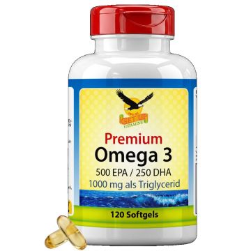 Premium Omega 3 1000 mg als Triglycerid mit 250mg DHA + 500mg EPA, 120 Weichkapseln 