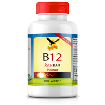 Vitamin B12 a 1000µg KauBar sublingual, 100 zuckerfreie Kirschpastillen