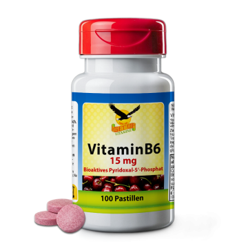 Vitamin B6 15 mg – bioaktives Pyridoxal-5-Phosphat, 100 Kirschpastillen in Dose; Nahrungsergänzung mit Kirschgeschmack, veganfreundlich, hochdosiert und leicht zu lutschen