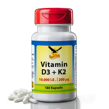 Vitamin D3 10000 I.E. + Vitamin K2 200 µg, 180 Kapseln