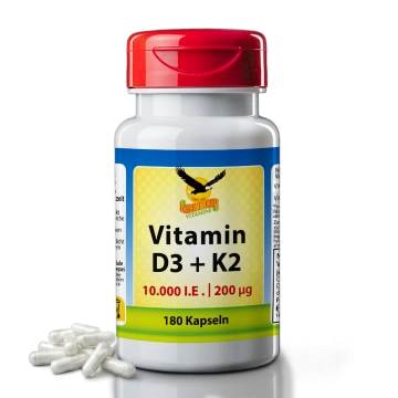 Vitamin D3 10000 I.E. + Vitamin K2 200 µg, 180 Kapseln