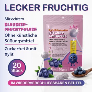 20 zuckerfreie Blaubeer Lutscher mit Xylit, 120 g