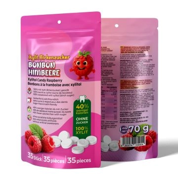 Birkenzucker Bonbons mit Himbeere, 35 Stk, 70g je Beutel, zuckerfrei 