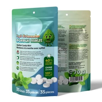Birkenzucker Bonbons mit Xylit - MINZE, 35 Stk, 70g je Beutel, zuckerfrei 
